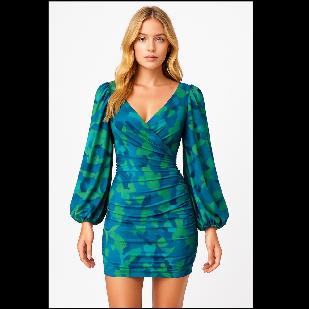 Blue Sheath Dress with Dolman Sleeves and Scoop Neck